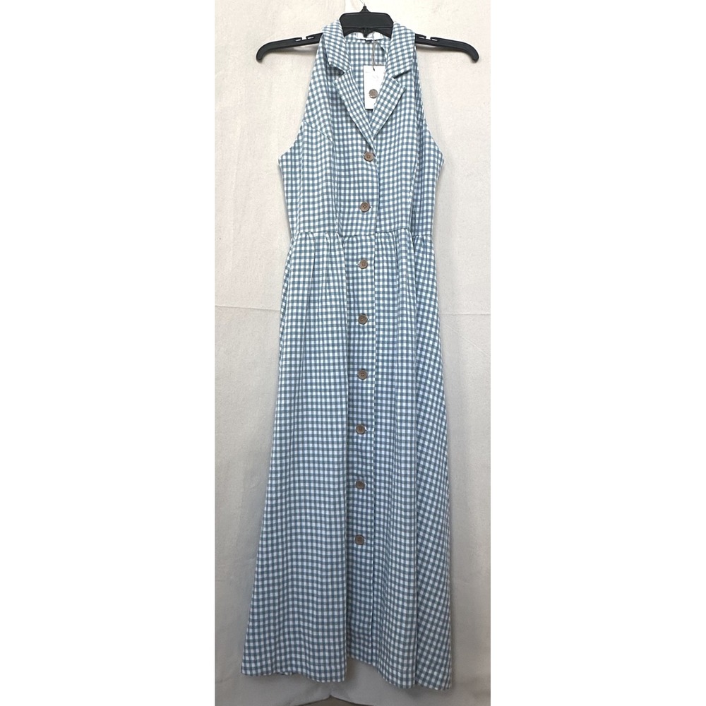 NWT RIHOAS 80s Retro Americana Notched Lapel Seafoam Gingham Halter Maxi Dress S